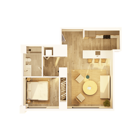 Floor plan for 1 bed, 1 bath, 740 sqft